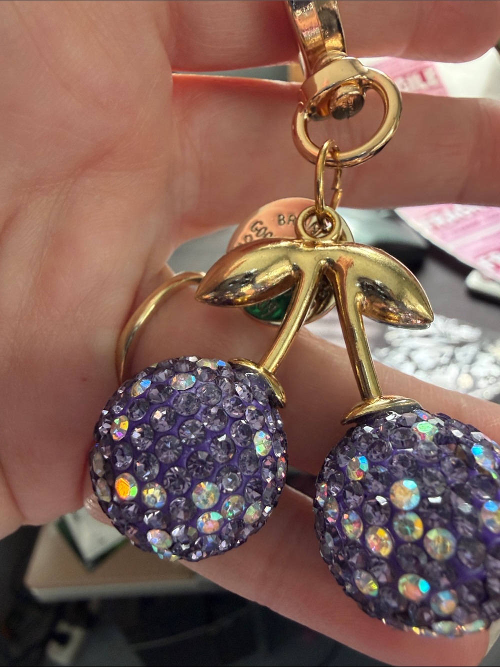 Gold-Tone Purple Crystal Cherry Keychain - Picture 4 of 4
